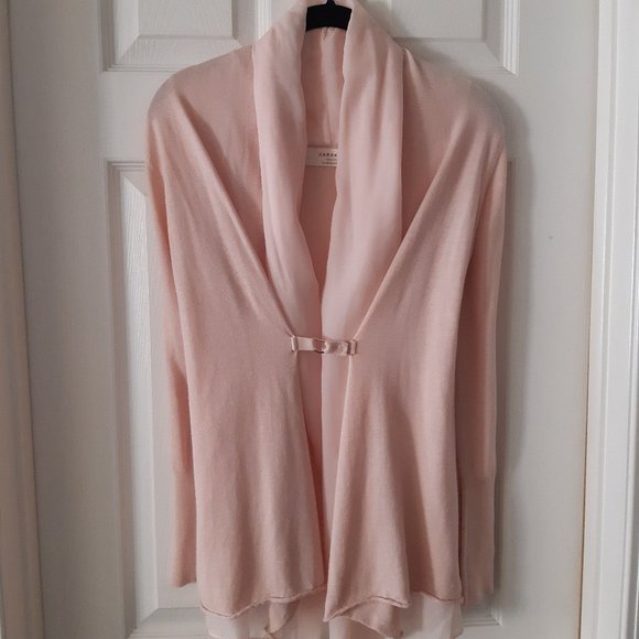 *NWOT* Zara Knit Soft Ballet Pink Rayon Chiffon Shawl Collar Cardigan Med - Picture 2 of 9